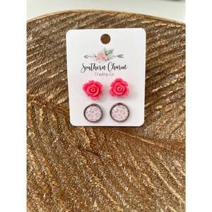 NEW SAGE & CLARE women's rose & leopard stud earrings set in pink